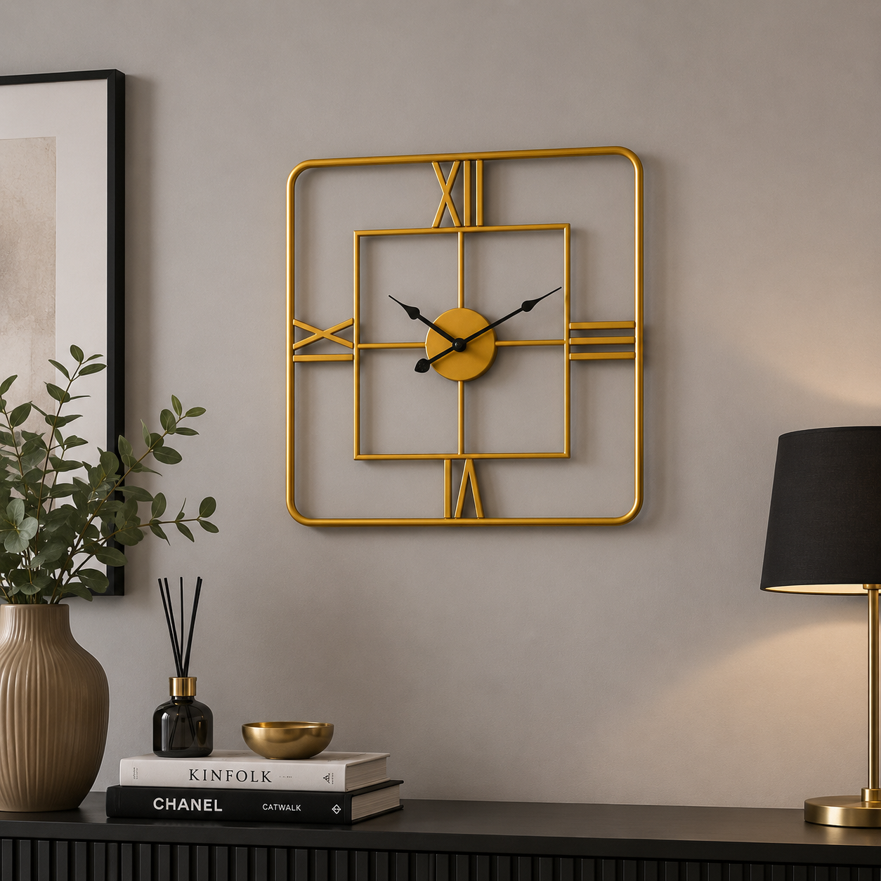 Kent Small Gold Finish Square Wall Clock 50cm Luxury Gold Metal Roman Numeral Modern Wall Clock