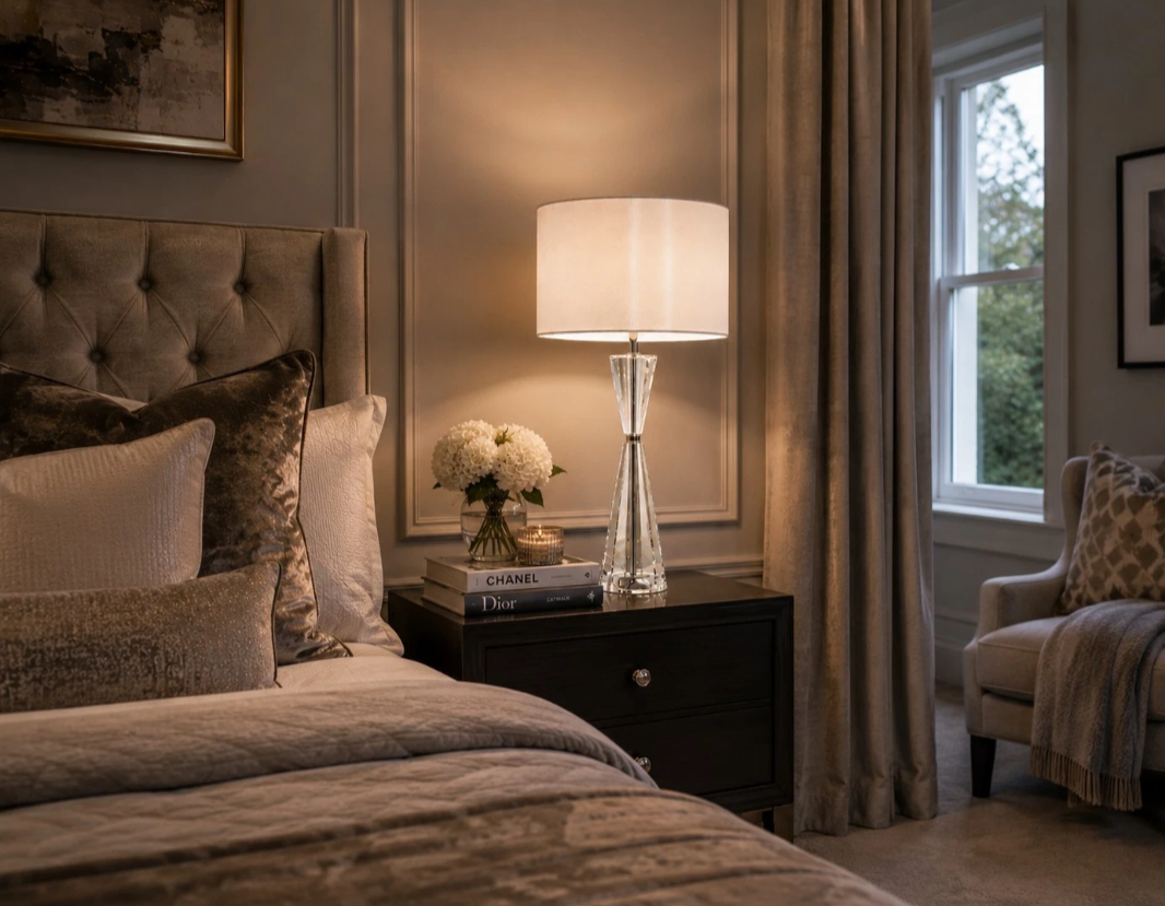 Risha 2 Light Crystal Table Lamp Polished Nickel with Ivory Shade | Luxury Designer Lighting