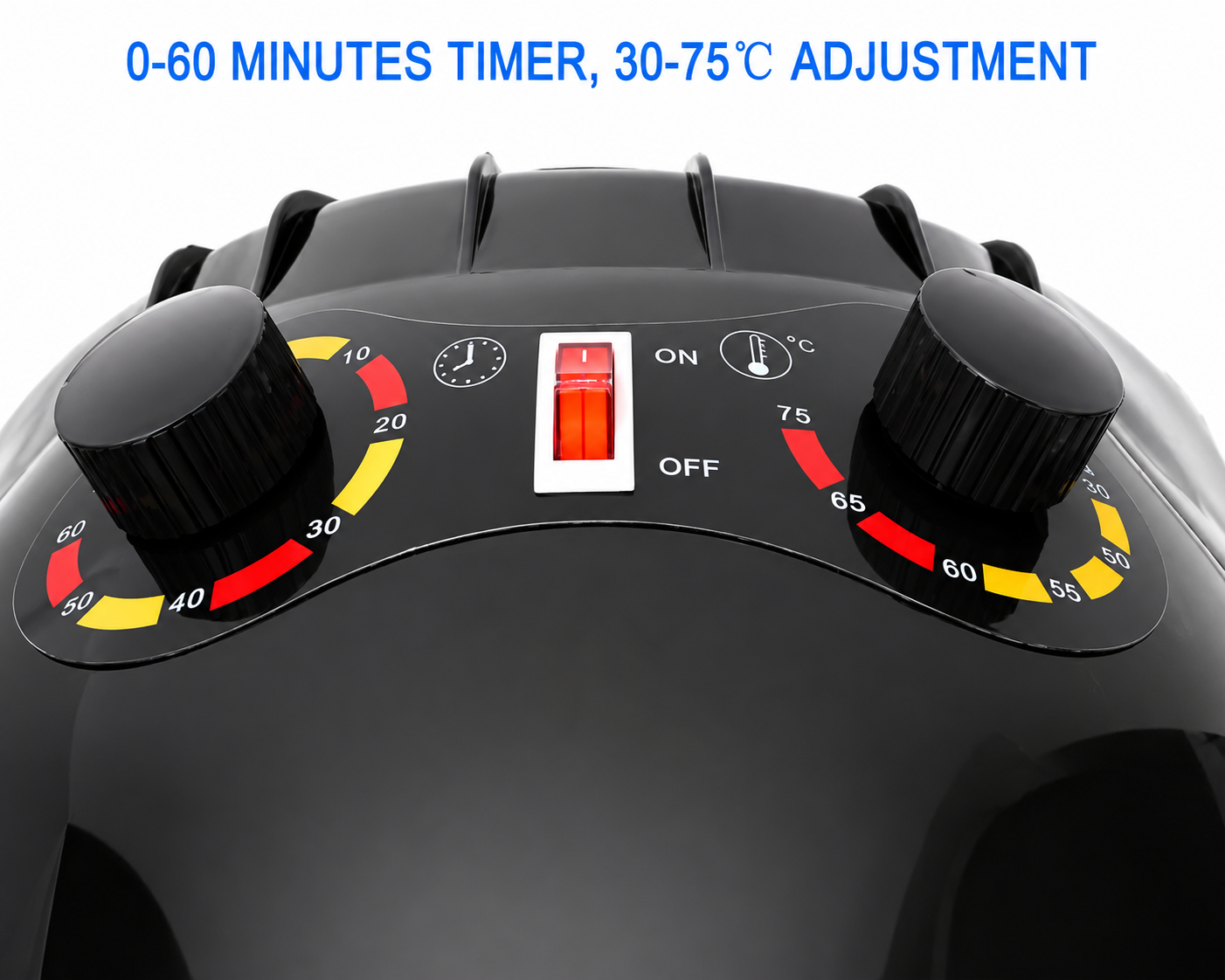 Close-up of the Sanqiao wall mounted hair dryer hood control panel showing the adjustable 0–60 minute timer, 30–75°C temperature controls and power switch.