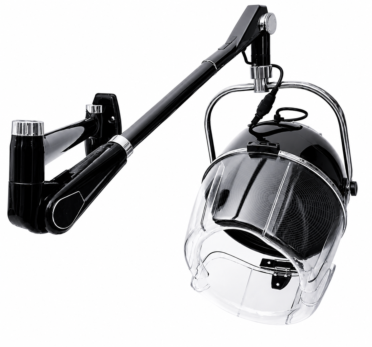 Sanqiao professional wall mounted hair dryer hood in black with adjustable swivel arm, clear hood, 900W motor, timer and temperature controls on a white background.