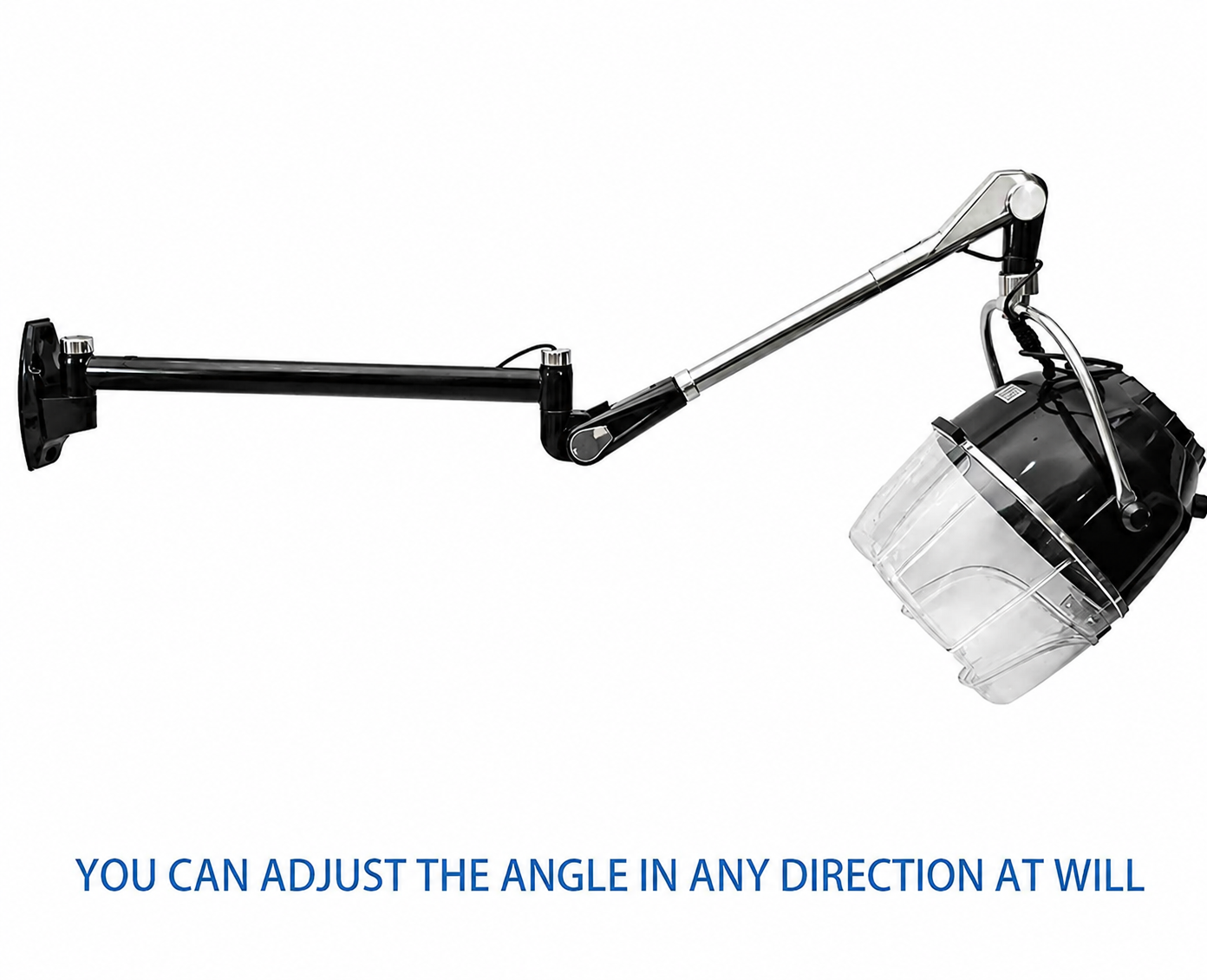 Sanqiao wall mounted hair dryer hood featuring an adjustable swivel arm, high-performance fan and heavy-duty wall mounting fixings for professional salon and home use.