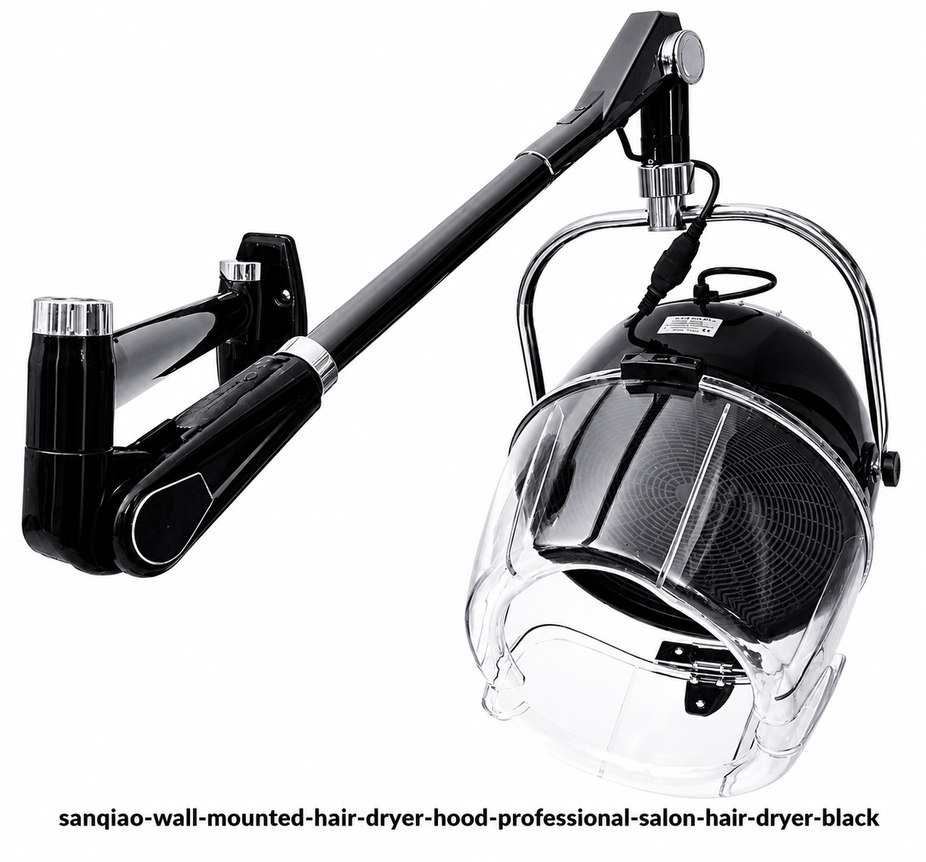 Front view of the Sanqiao professional wall mounted hair dryer hood in black with adjustable swivel arm, clear drying hood and space-saving salon design for professional and home use.