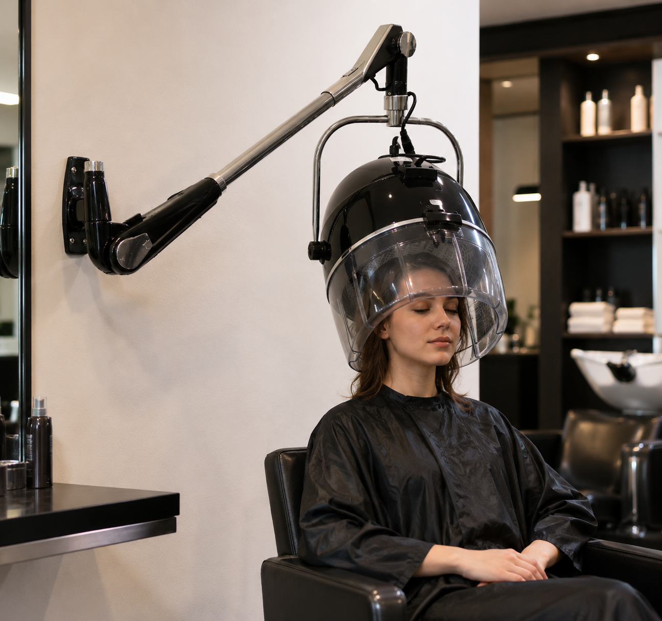Professional Sanqiao wall mounted hair dryer hood in use by a client at a modern hair salon, featuring an adjustable hood, swivel arm and space-saving wall-mounted design.