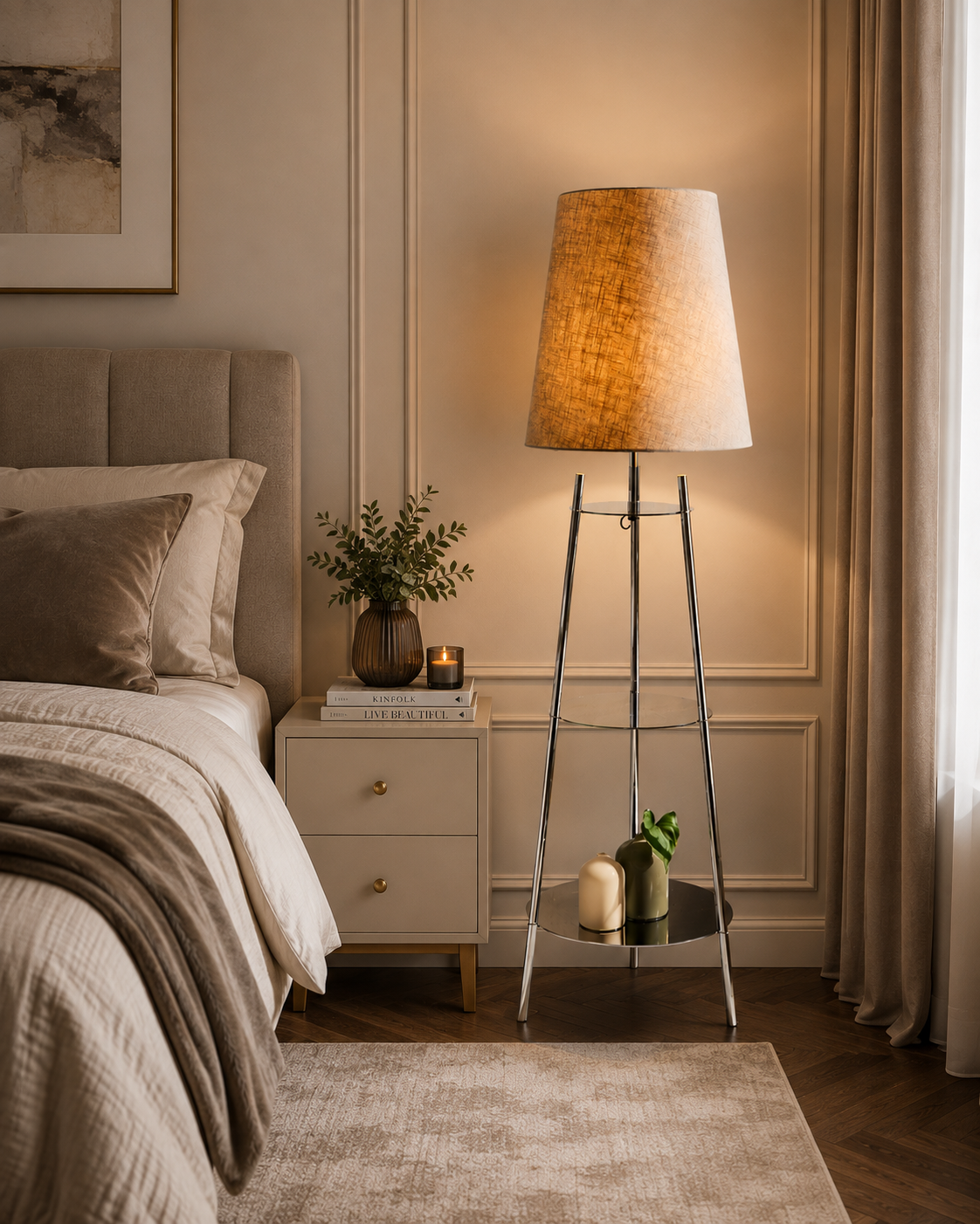 The Very Collection metal tapered shelf floor lamp with chrome frame, cream fabric shade and glass shelves styled in a modern luxury bedroom.