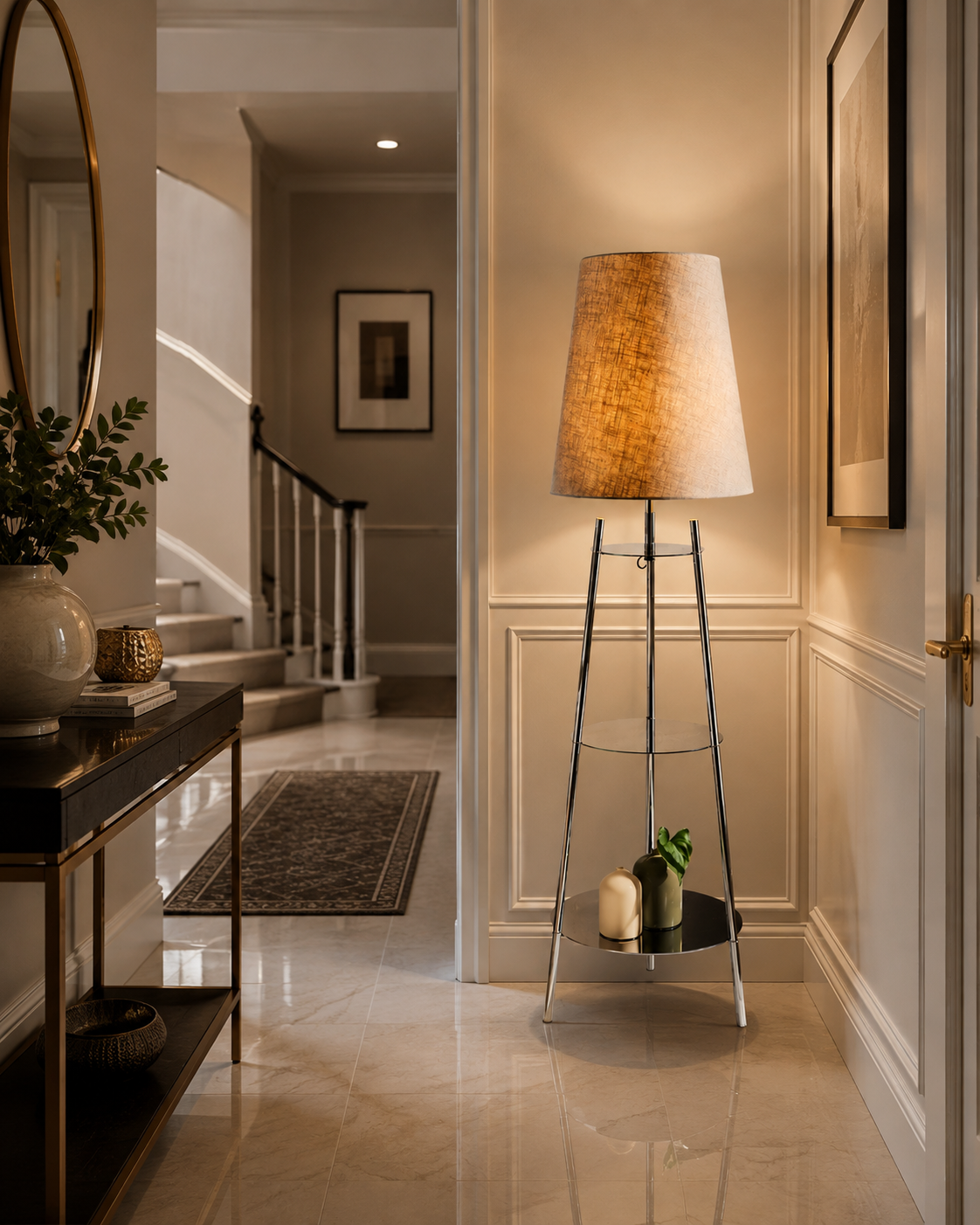 The Very Collection metal tapered shelf floor lamp with chrome frame, cream fabric shade and glass shelves styled in a luxury modern hallway.