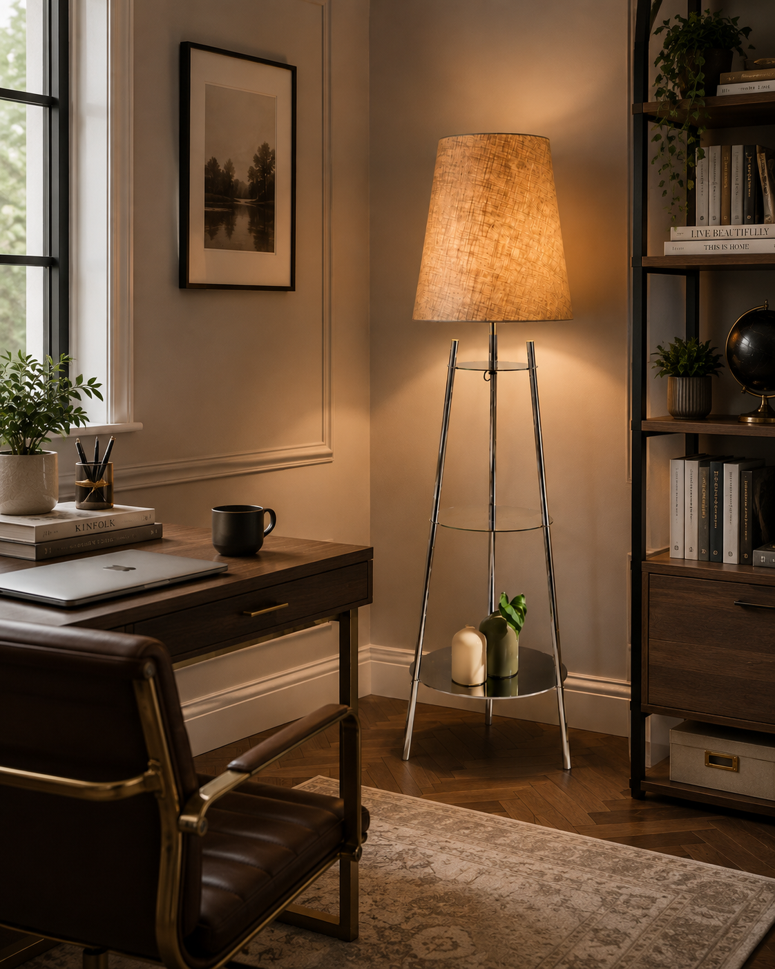 The Very Collection metal tapered shelf floor lamp with chrome frame, cream fabric shade and glass shelves styled in a modern home office.