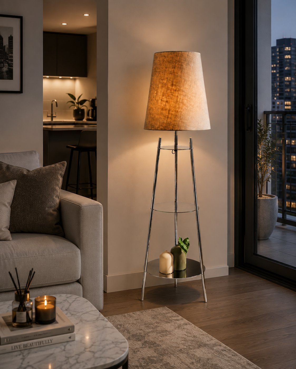 The Very Collection metal tapered shelf floor lamp with chrome frame, cream fabric shade and glass shelves styled in a modern luxury apartment living room.