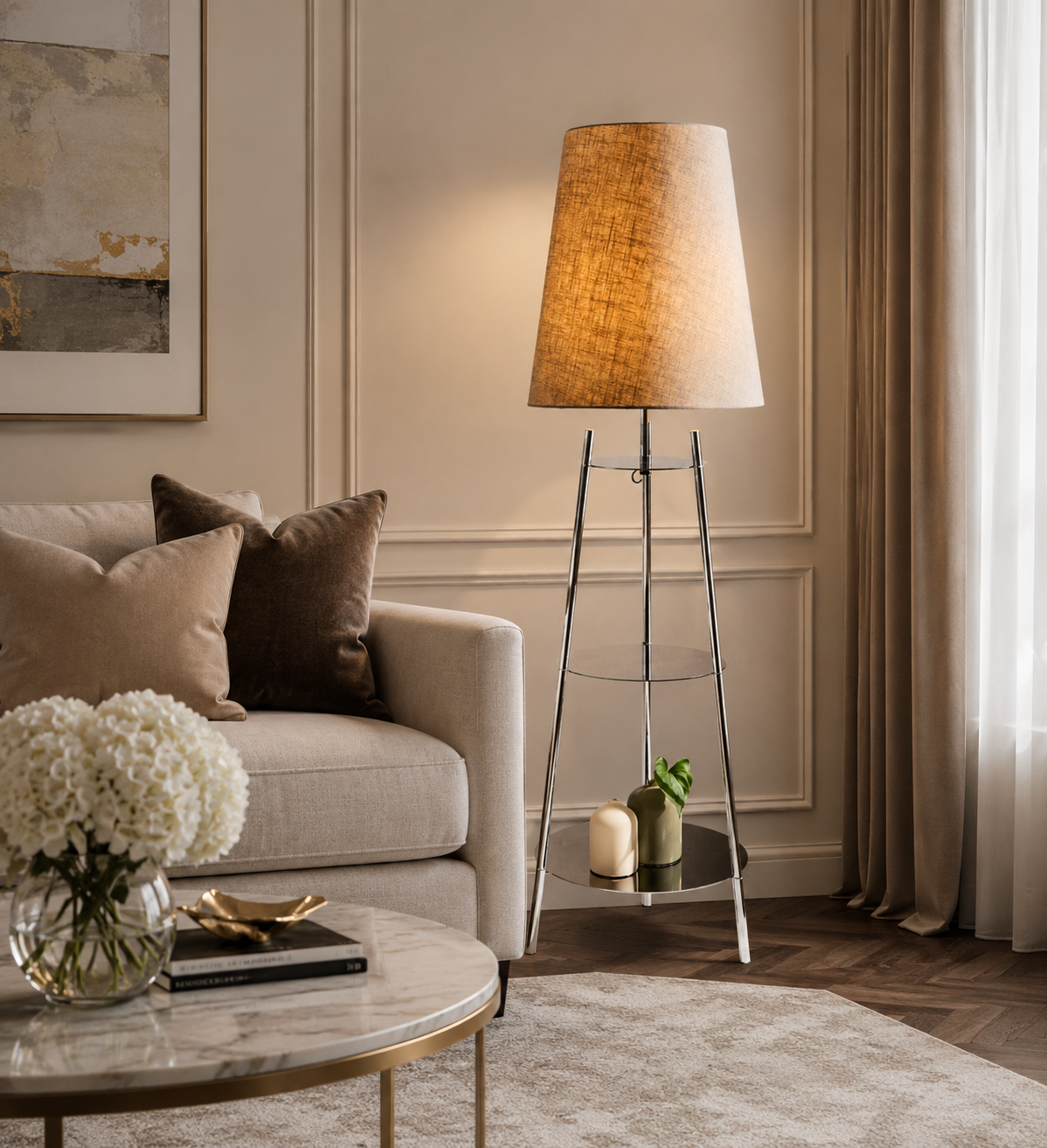 The Very Collection metal tapered shelf floor lamp with chrome frame, cream fabric shade and glass shelves styled in a modern luxury living room.