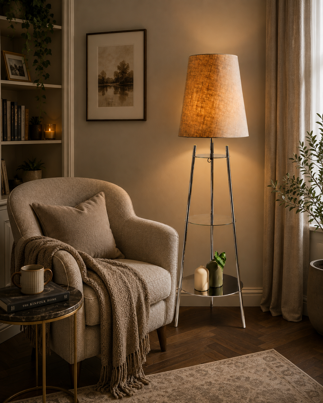 The Very Collection metal tapered shelf floor lamp with chrome frame, cream fabric shade and glass shelves styled in a cosy modern reading corner.