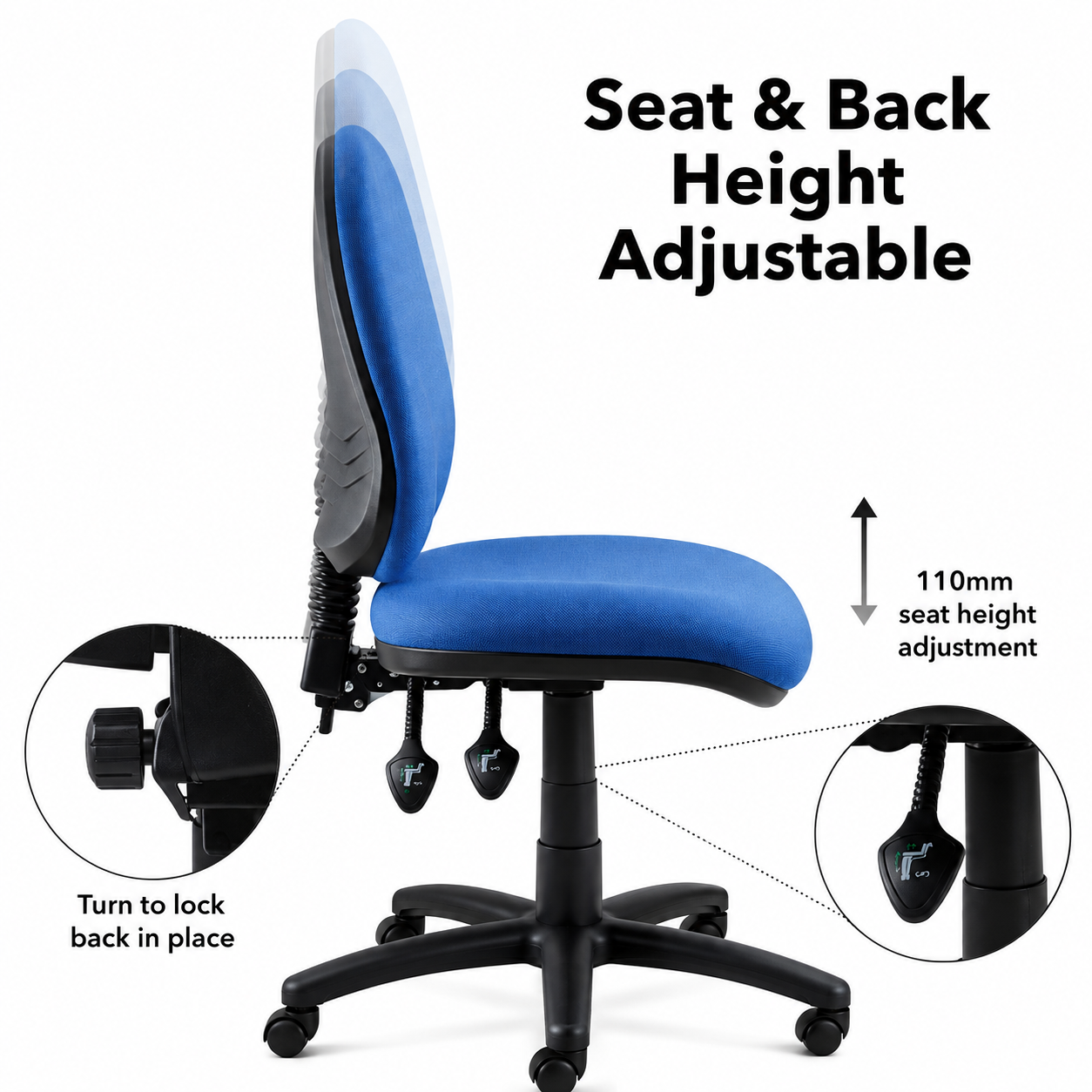 Vantage 100 blue operator office chair showing adjustable seat and back height, 110mm gas-lift range and backrest locking controls.

