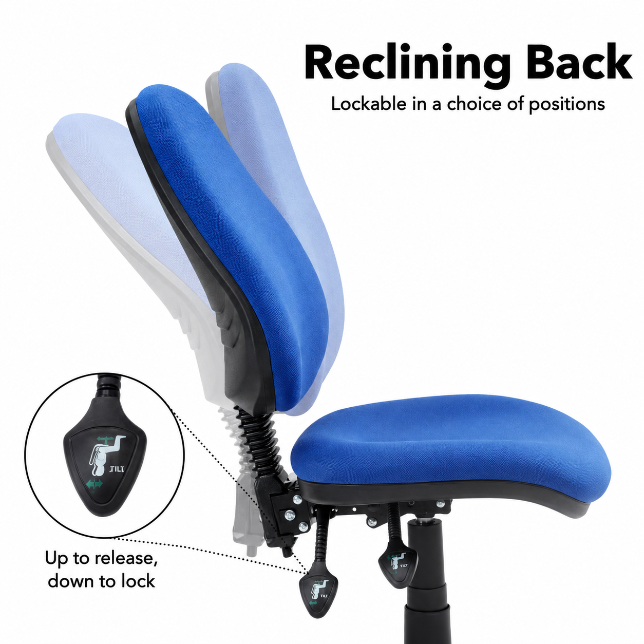 Vantage 100 blue operator office chair showing its reclining backrest, multiple lockable positions and two-lever tilt adjustment mechanism.
