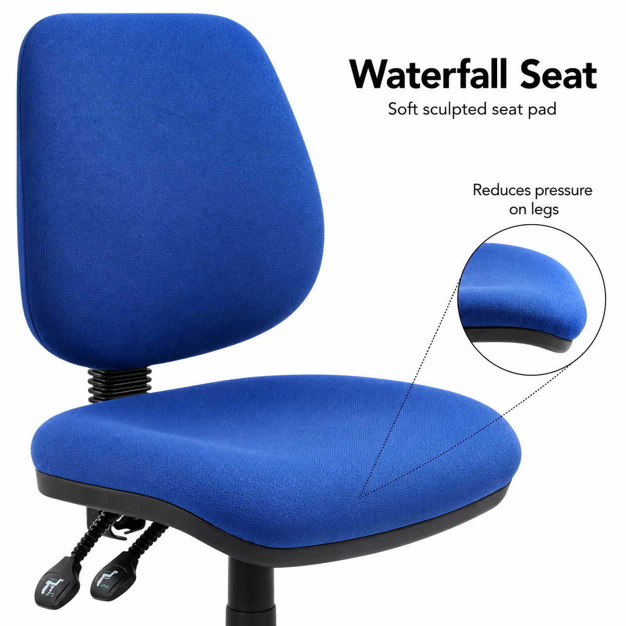Vantage 100 blue operator office chair with a soft sculpted waterfall seat pad designed to help reduce pressure on the legs.
