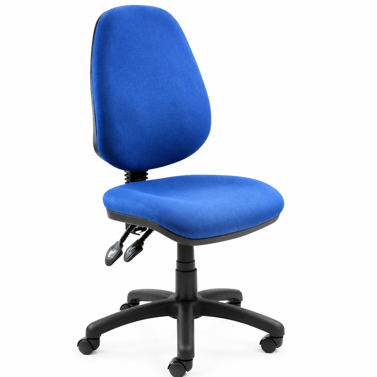 Vantage 100 blue fabric high-back operator office chair with two-lever adjustment, gas lift, black five-star caster base and no arms.
