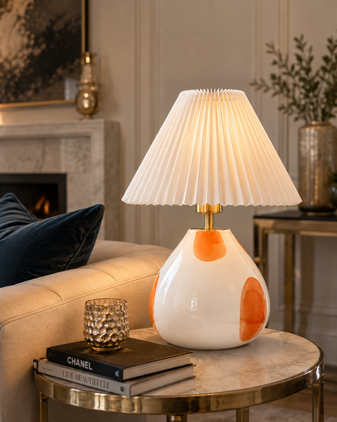The Very Collection spotted glass table lamp with white pleated shade styled on a marble side table in a modern living room, creating warm ambient lighting.
