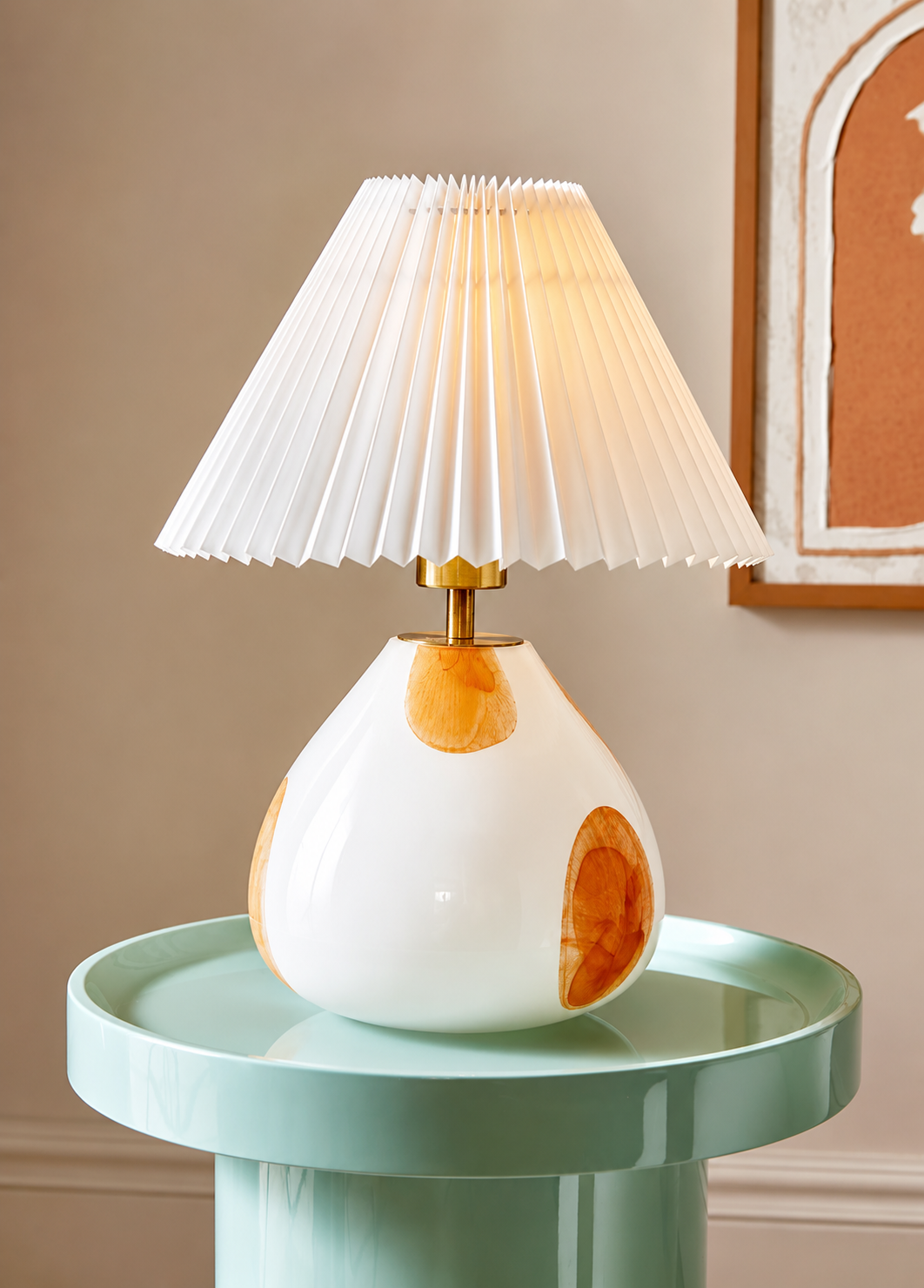 The Very Collection spotted glass table lamp with white pleated fabric shade for bedroom, living room or bedside table.