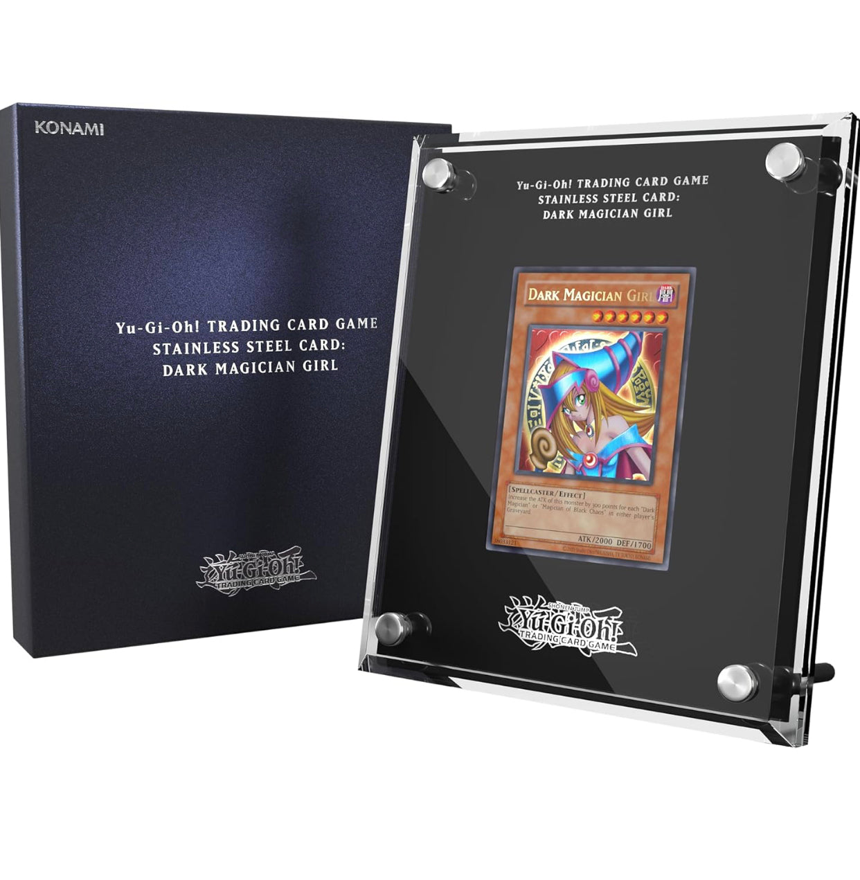 Yu-Gi-Oh! Dark Magician Girl Stainless Steel Card Official 25th Anniversary Limited Edition No. 4596EU with acrylic display case and Konami presentation box.