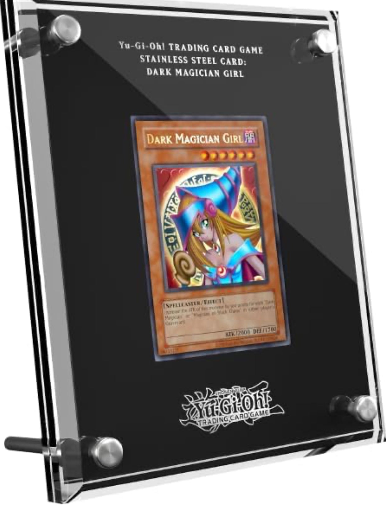 Yu-Gi-Oh! Dark Magician Girl Stainless Steel Card Official 25th Anniversary Limited Edition No. 4596EU shown at an angle in its premium acrylic display case.