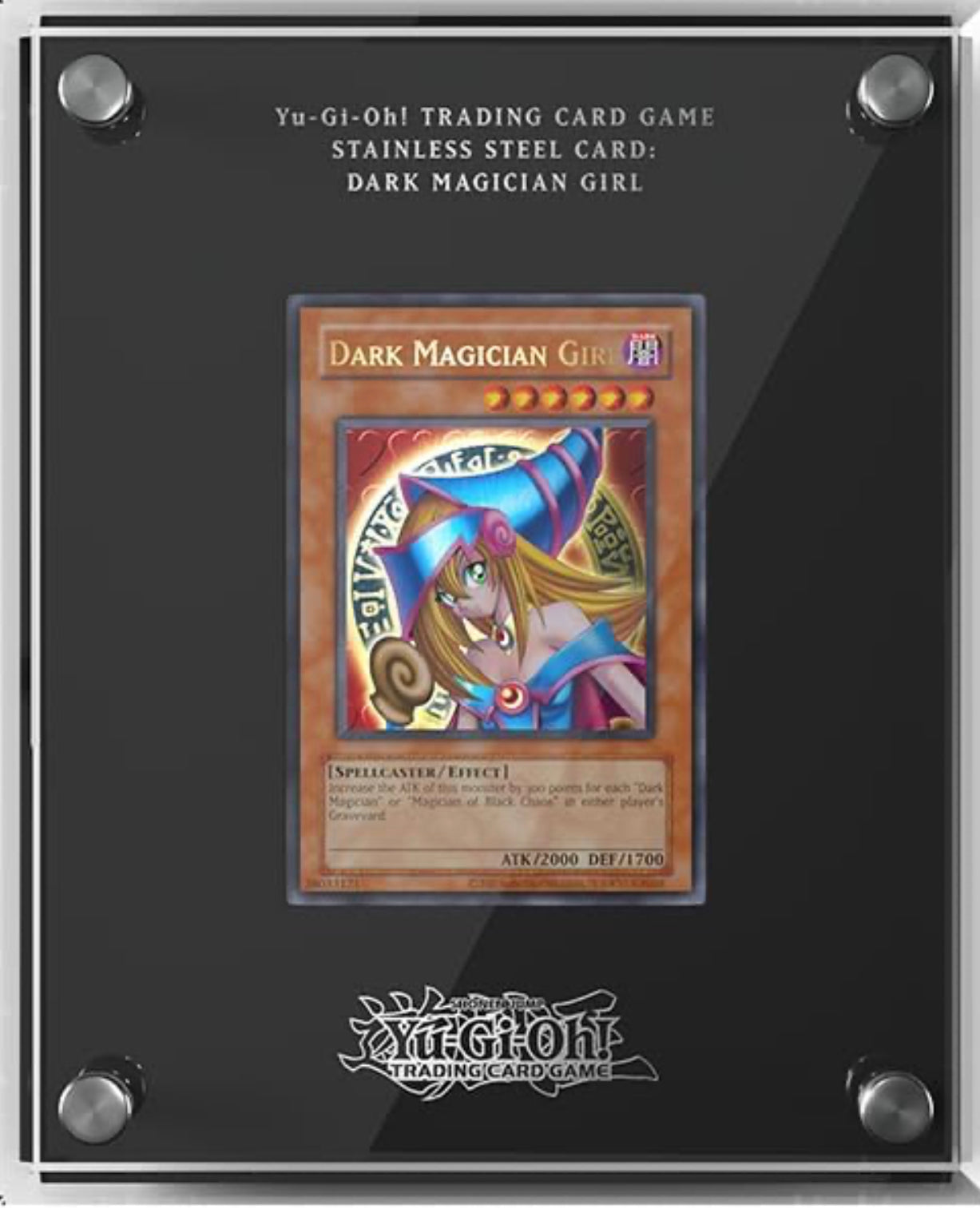 Yu-Gi-Oh! Dark Magician Girl Stainless Steel Card Official 25th Anniversary Limited Edition No. 4596EU presented in its premium acrylic display case.